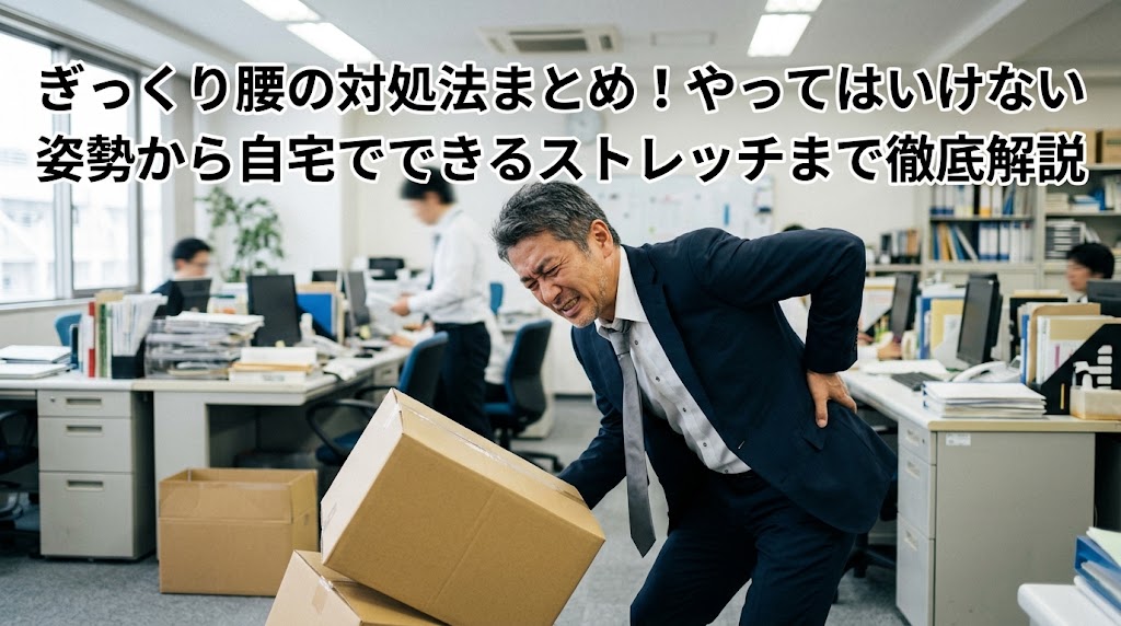 ぎっくり腰の対処法まとめ！やってはいけない姿勢から自宅でできるストレッチまで徹底解説　物を持ち上げた瞬間に起こる強い腰の痛みで固まる男性　痛解.com
